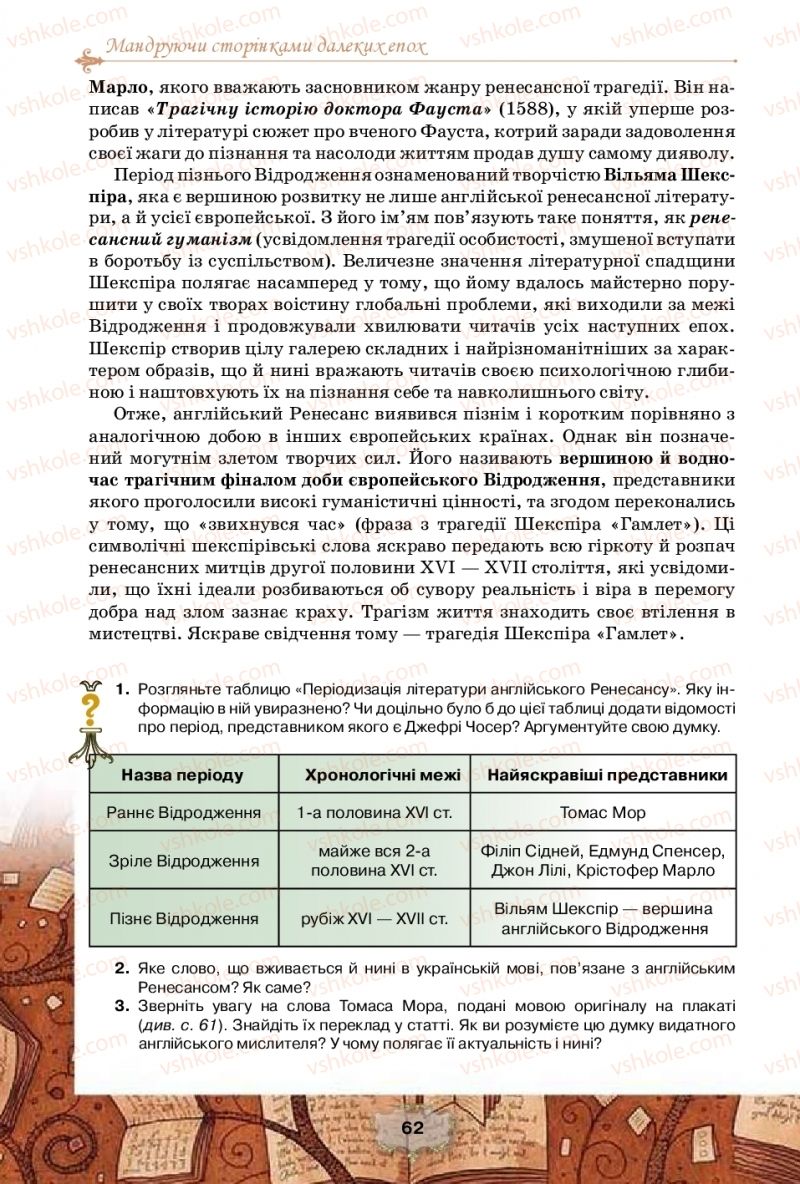 Страница 62 | Підручник Зарубіжна література 10 клас О.О. Ісаєва, Ж.В. Клименко, А.О. Мельник 2018 Профільний рівень