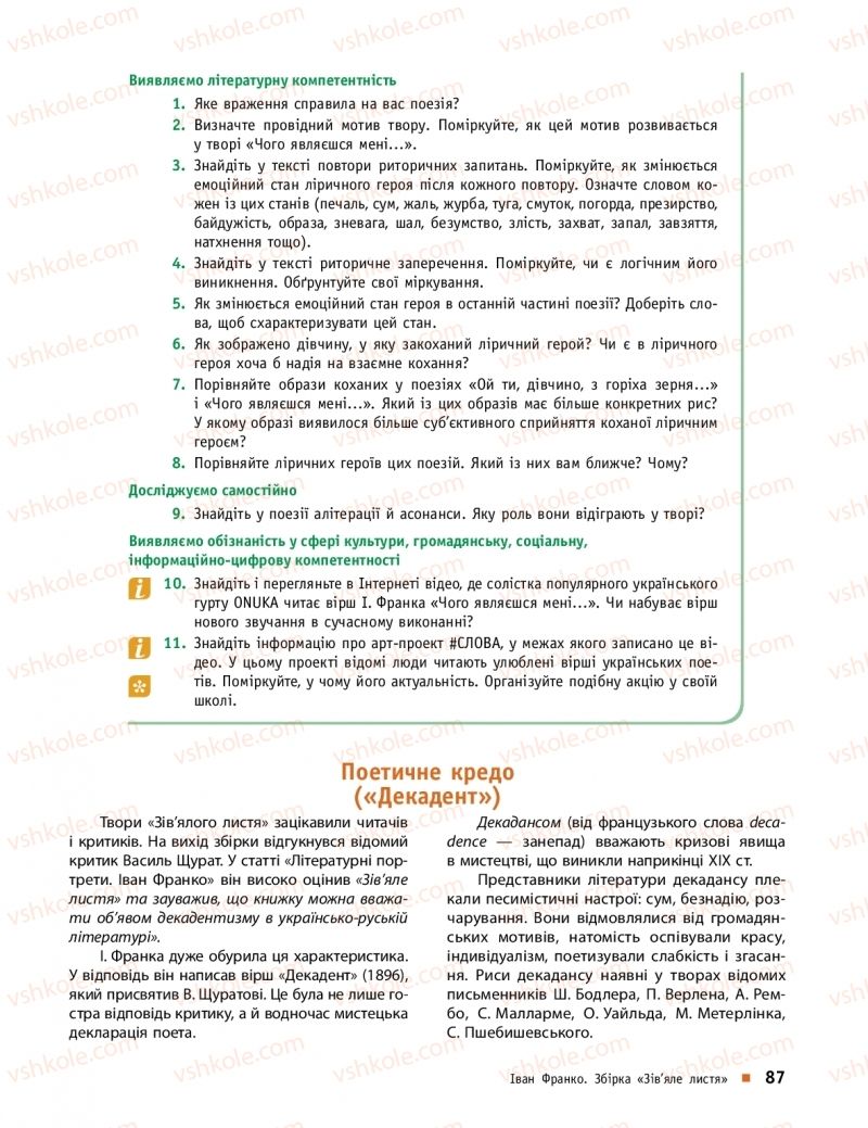 Страница 87 | Підручник Українська література 10 клас О.І. Борзенко, О.В. Лобусова 2018 Профільний рівень