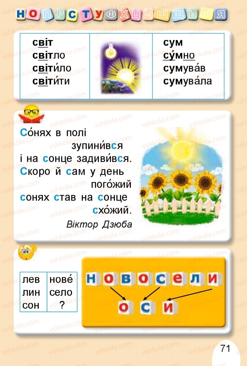 Страница 71 | Підручник Буквар 1 клас С.С. Тарнавська, В.О. Науменко 2018 1 частина