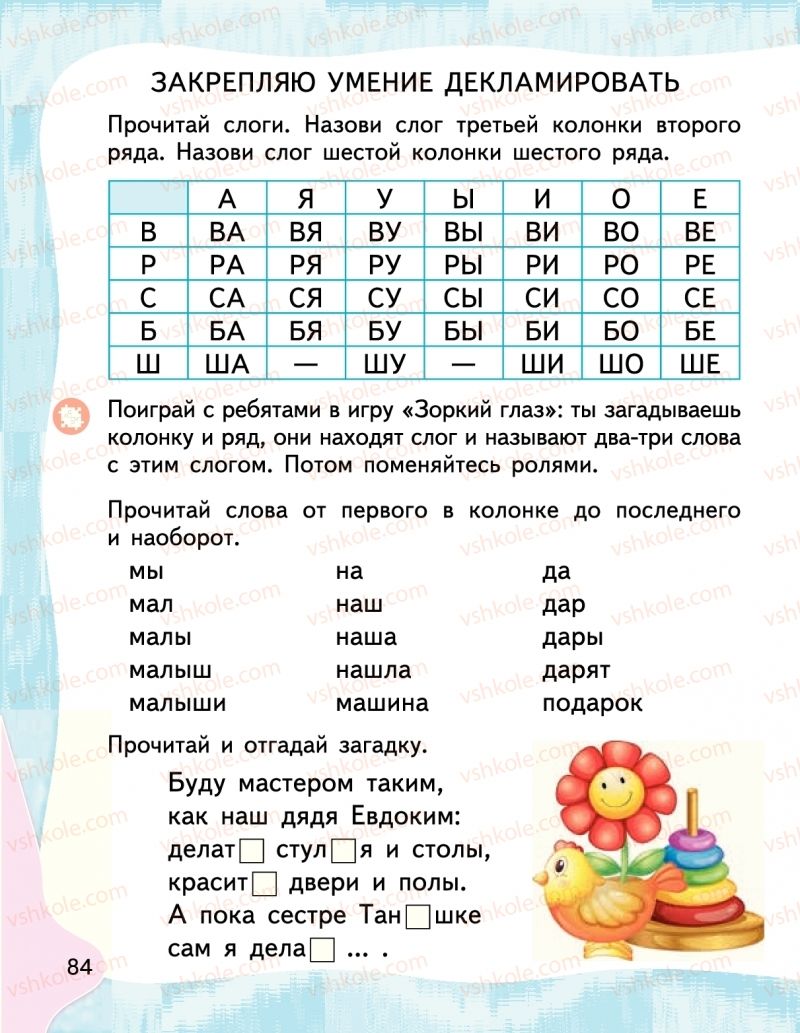 Страница 84 | Підручник Буквар 1 клас М.С. Вашуленко, І.М. Лапшина 2018 На російській мові (1 частина)