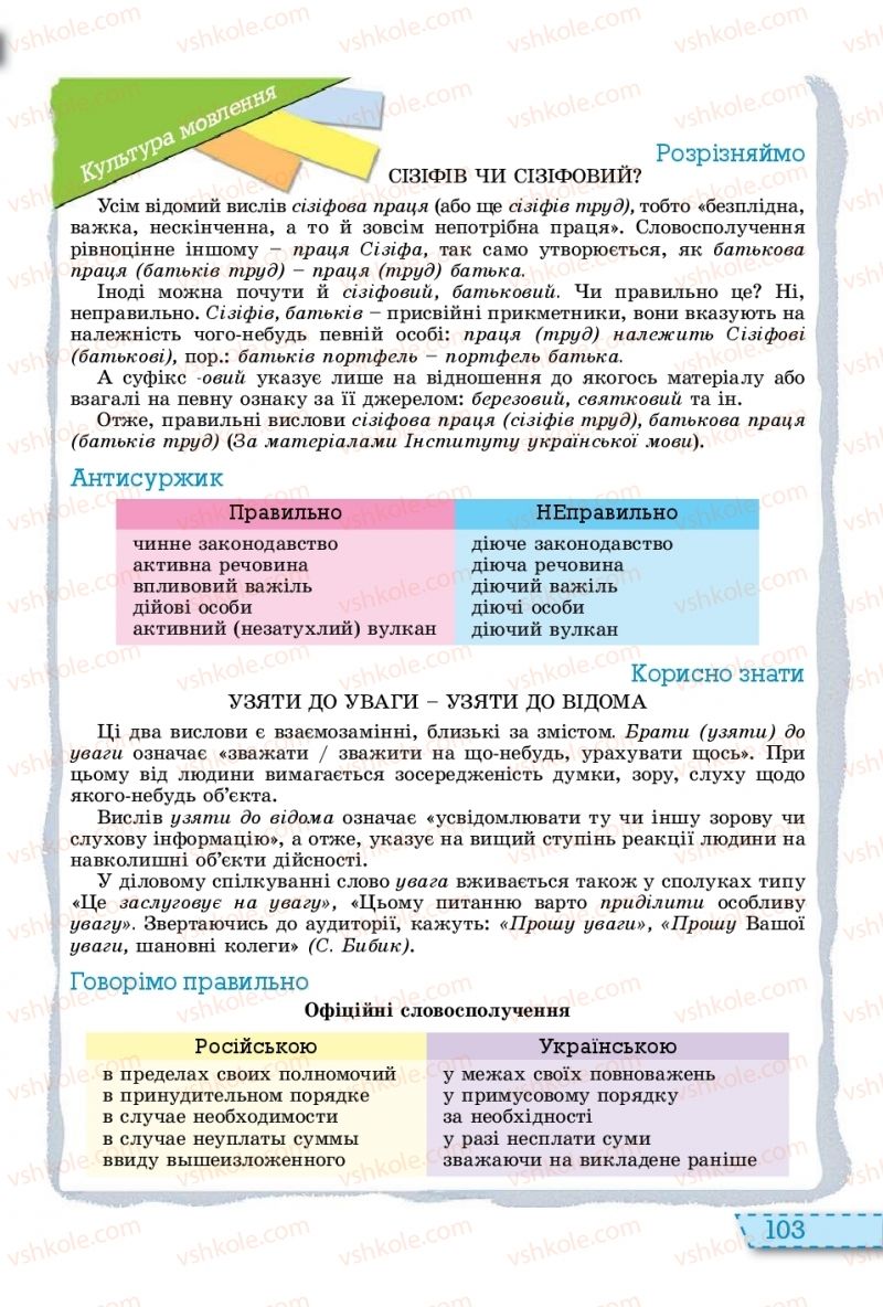 Страница 103 | Підручник Українська мова 11 клас О.В. Заболотний, В.В. Заболотний 2019 На російській мові