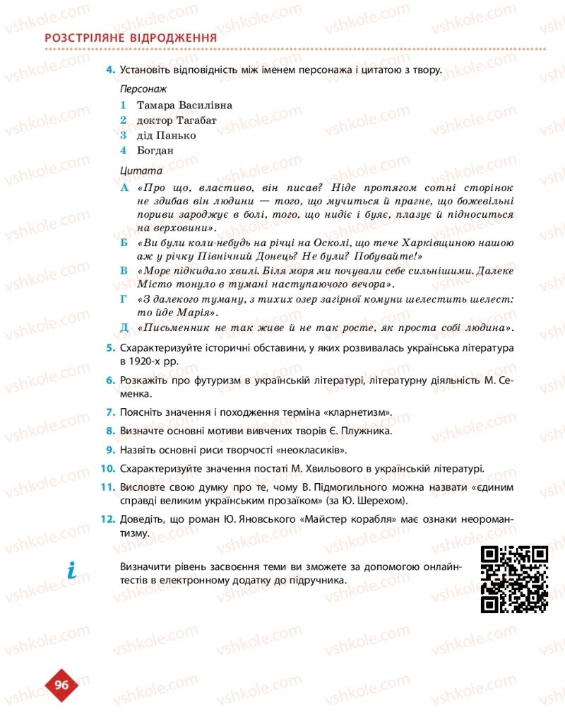 Страница 96 | Підручник Українська література 11 клас О.І. Борзенко, О.В. Лобусова 2019