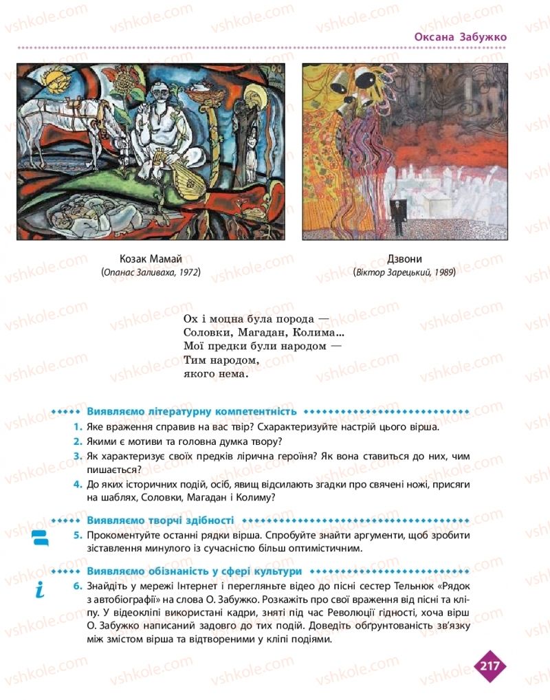 Страница 217 | Підручник Українська література 11 клас О.І. Борзенко, О.В. Лобусова 2019