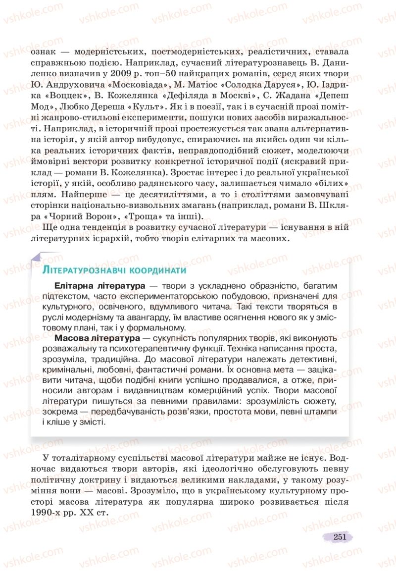 Страница 251 | Підручник Українська література 11 клас Л.Т. Коваленко, Н.І. Бернадська 2019
