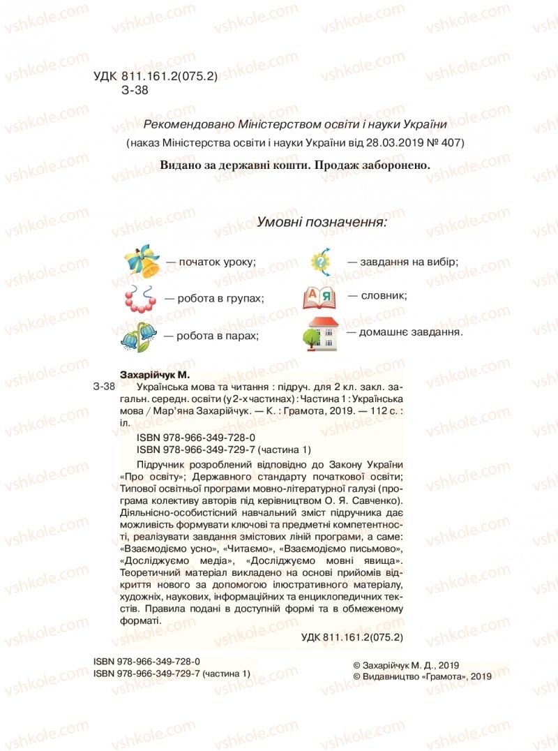 Страница 2 | Підручник Українська мова 2 клас М.Д. Захарійчук 2019 1 частина