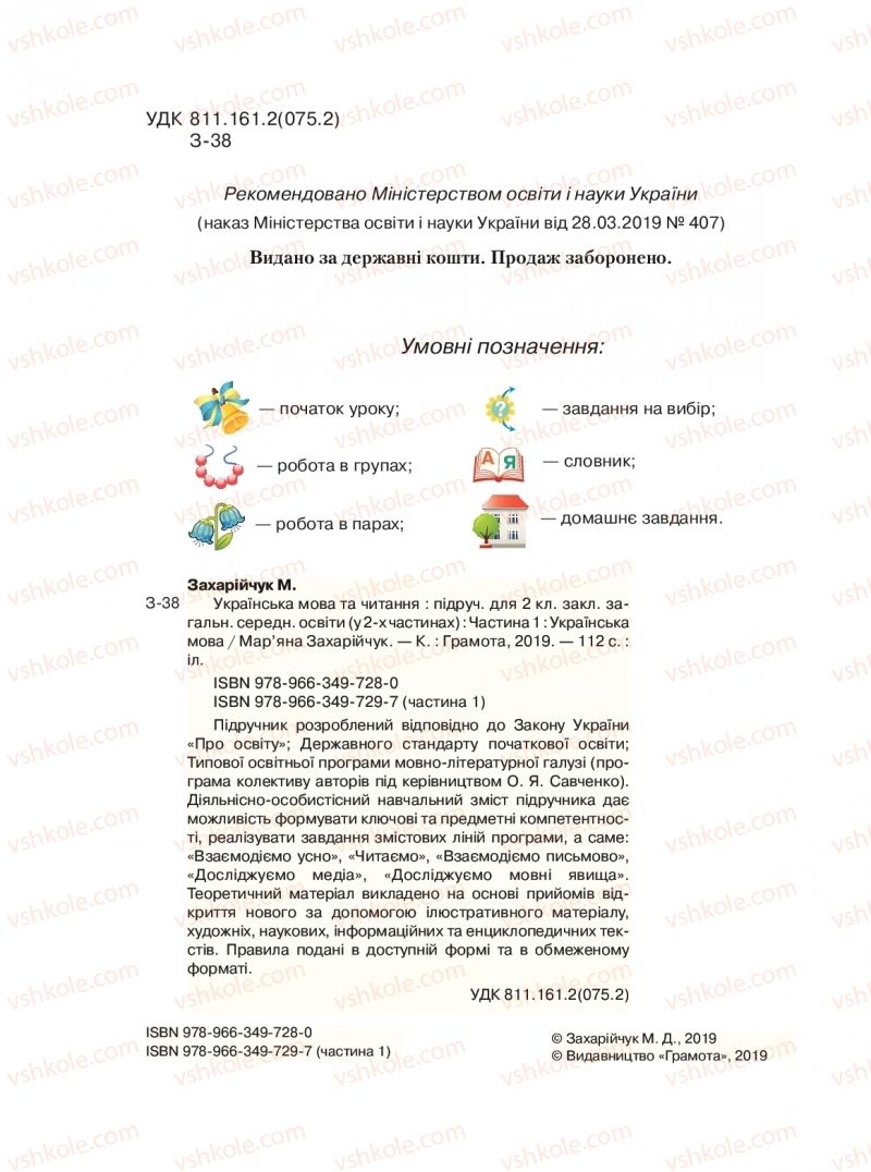 Страница 2 | Підручник Українська мова 2 клас М.Д. Захарійчук 2019 1 частина