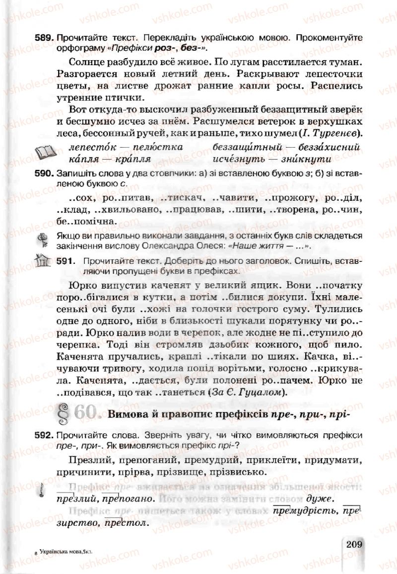 Страница 209 | Підручник Українська мова 5 клас А.А. Ворон, В.А. Солопенко 2013