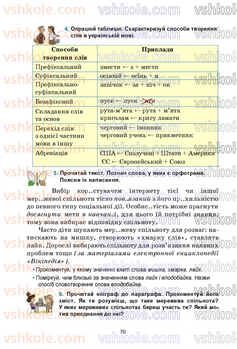 Страница 70 | Підручник Українська мова 6 клас О.М. Семеног, О.В. Калинич, Т.І. Дятленко 2023