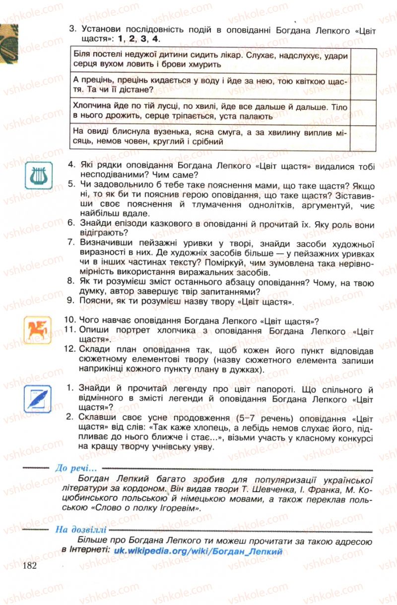 Страница 182 | Підручник Українська література 7 клас О.М. Авраменко 2007