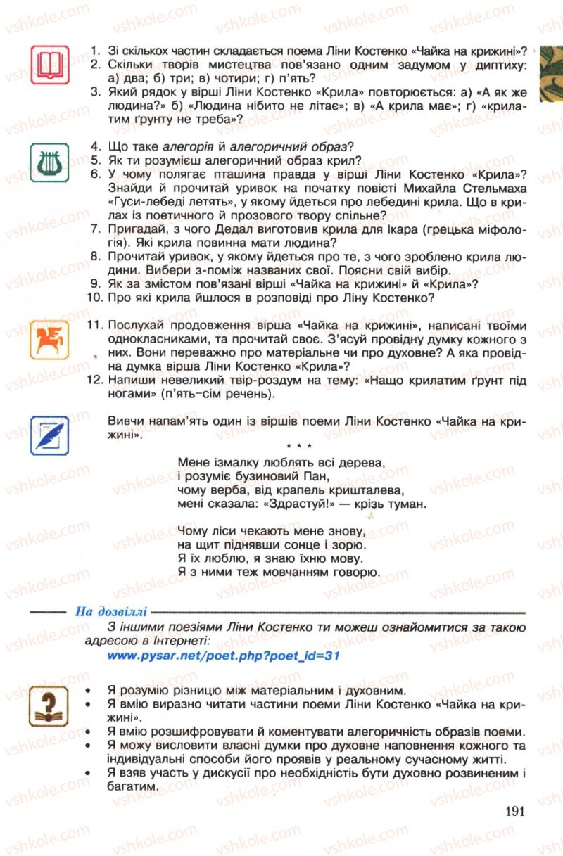Страница 191 | Підручник Українська література 7 клас О.М. Авраменко 2007