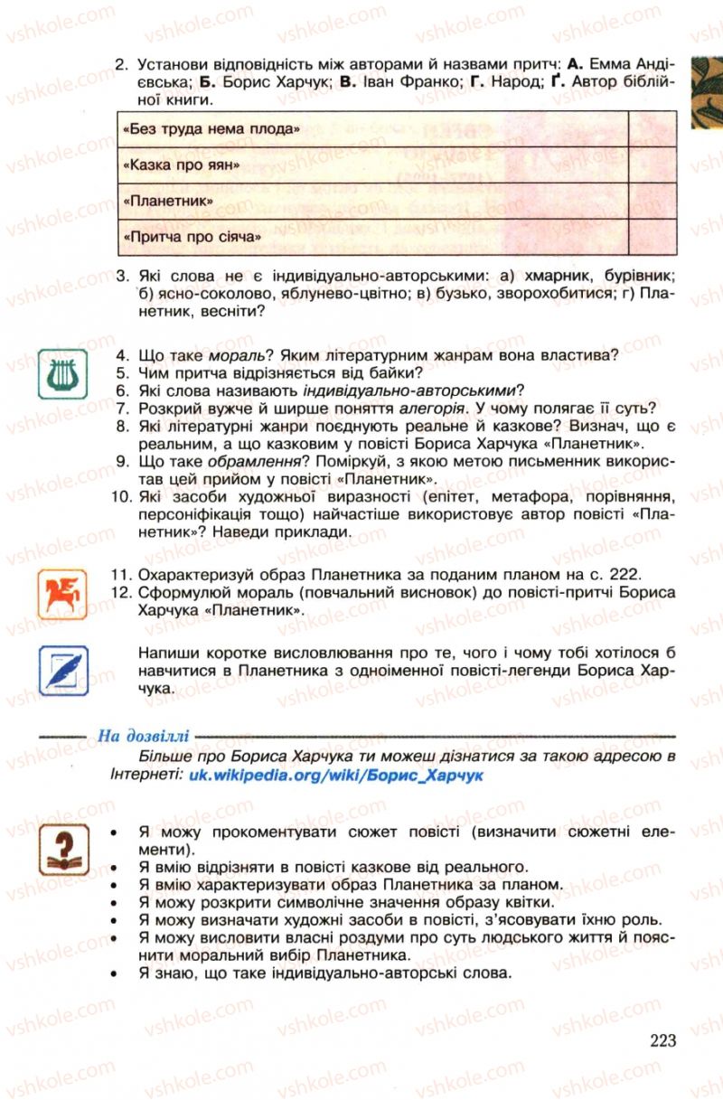 Страница 223 | Підручник Українська література 7 клас О.М. Авраменко 2007