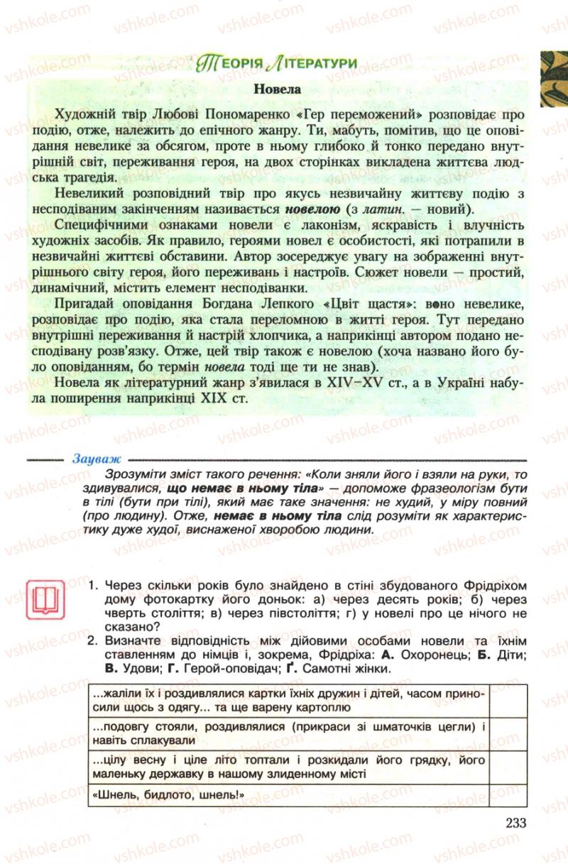 Страница 233 | Підручник Українська література 7 клас О.М. Авраменко 2007