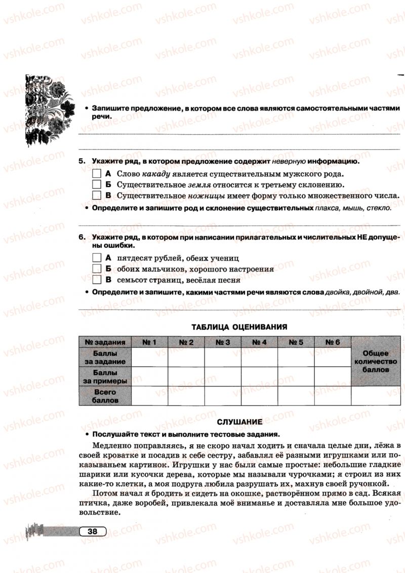 Страница 38 | Підручник Русский язык 5 клас Л.В. Давидюк, Е.Л. Фидкевич 2013 Тетрадь для контрольных работ