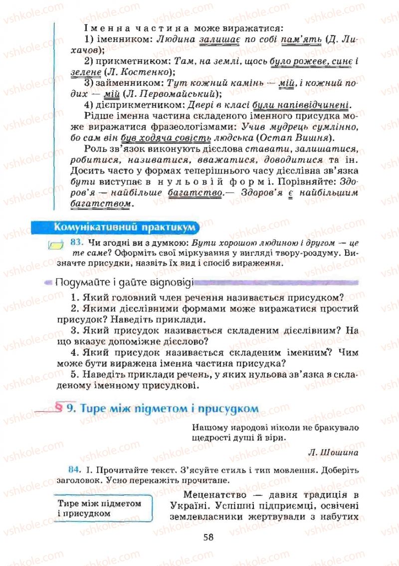 Страница 58 | Підручник Українська мова 8 клас М.І. Пентилюк, І.В. Гайдаєнко, А.І. Ляшкевич, С.А. Омельчук 2008