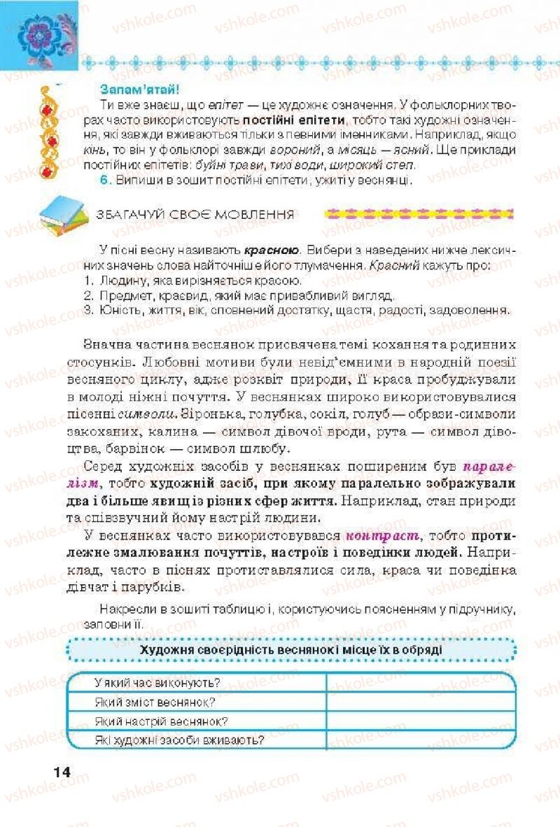 Страница 14 | Підручник Українська література 6 клас Л.Т. Коваленко 2014