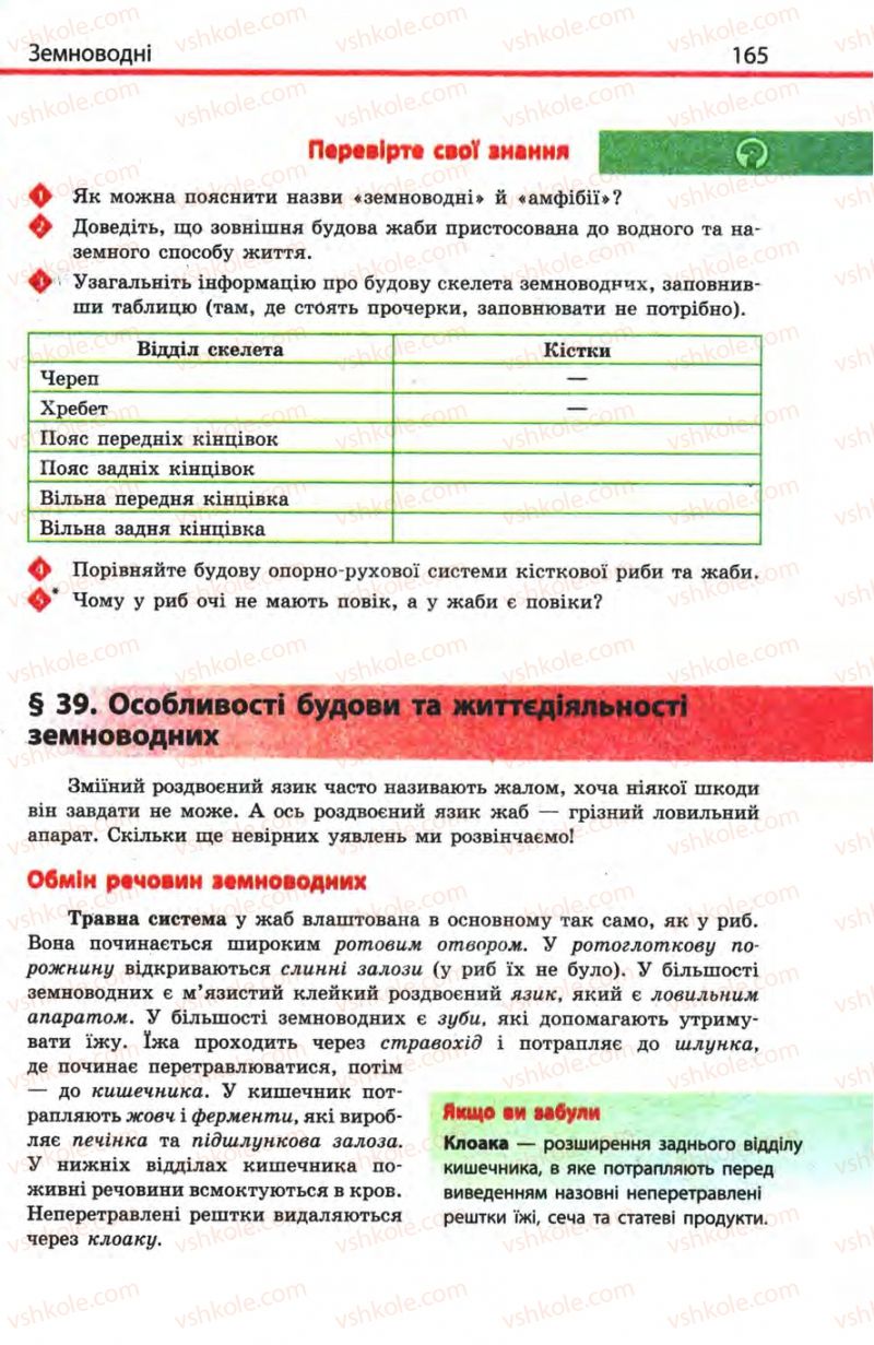Страница 165 | Підручник Біологія 8 клас Н.В. Запорожець, С.В. Влащенко 2008