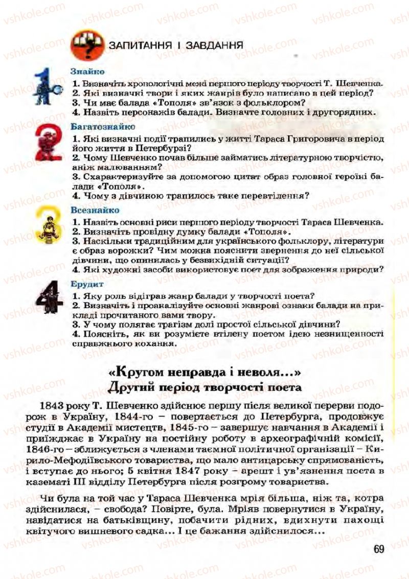 Страница 69 | Підручник Українська література 7 клас І.О. Міщенко 2007