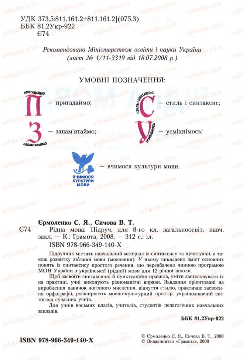 Страница 2 | Підручник Українська мова 8 клас С.Я. Єрмоленко, В.Т. Сичова 2008