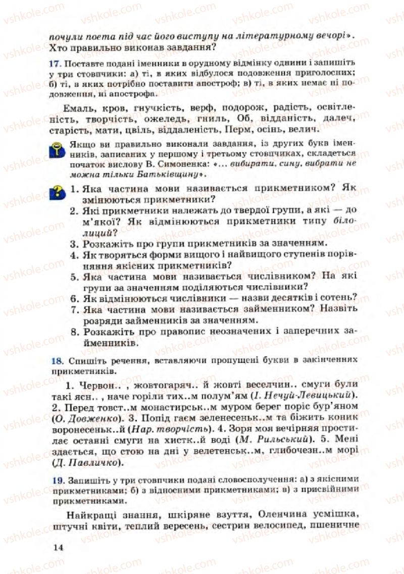 Страница 14 | Підручник Українська мова 8 клас А.А. Ворон, В.А. Солопенко 2008