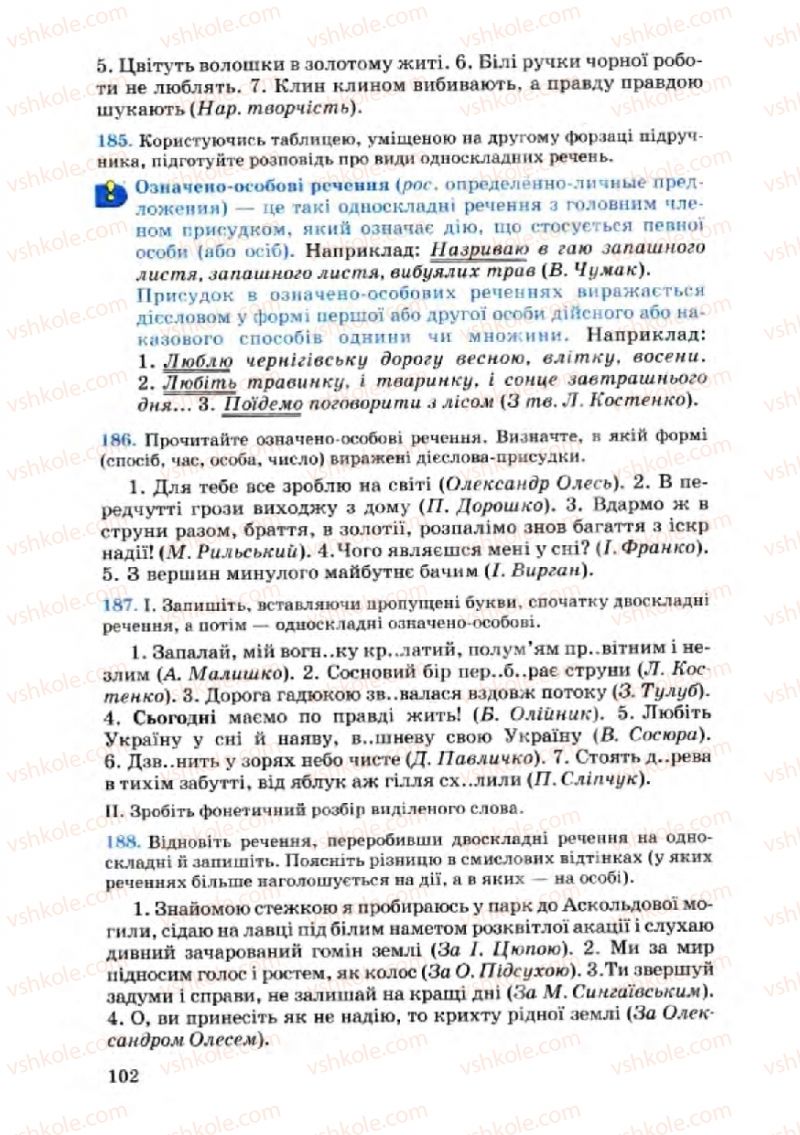 Страница 102 | Підручник Українська мова 8 клас А.А. Ворон, В.А. Солопенко 2008