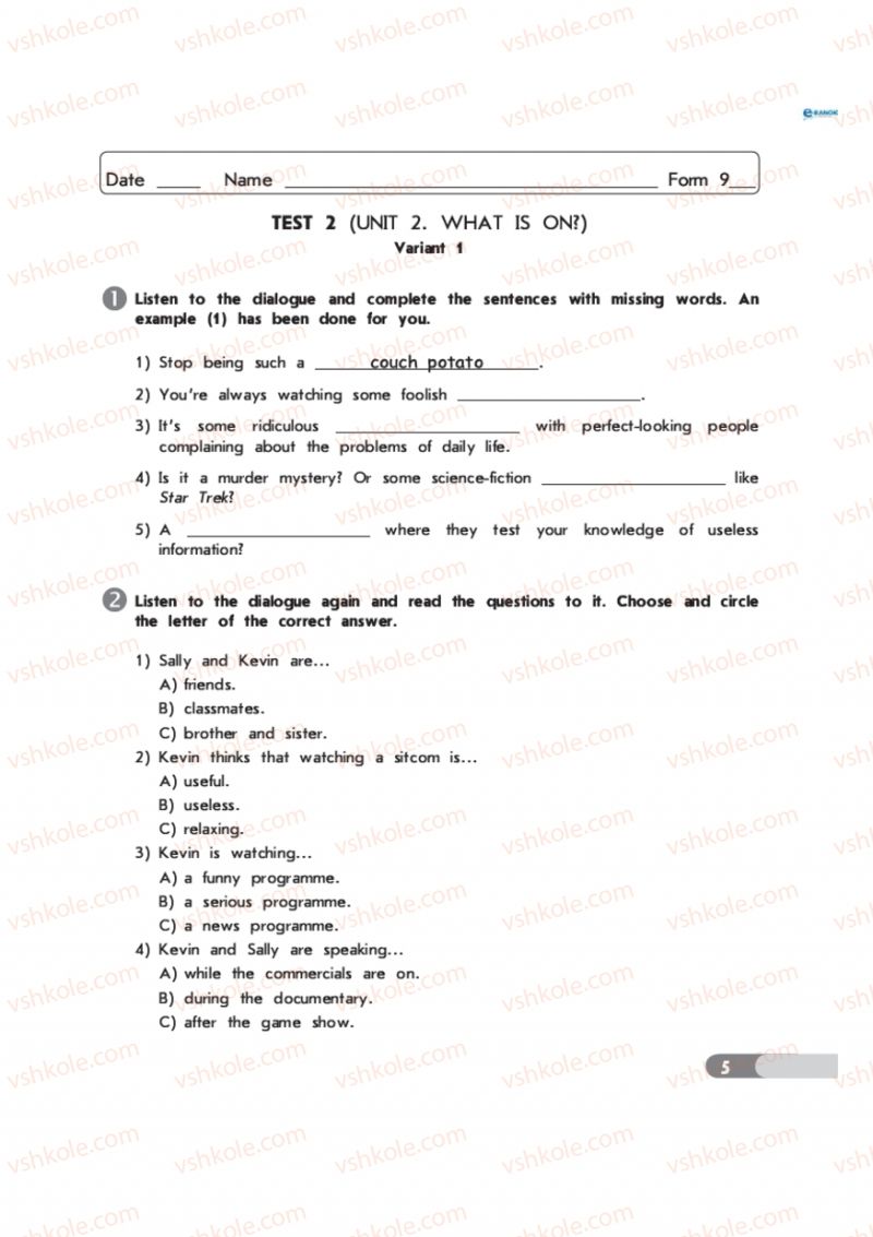 Страница 5 | Підручник Англiйська мова 9 клас С.В. Мясоєдова 2011 Зошит для контролю знань