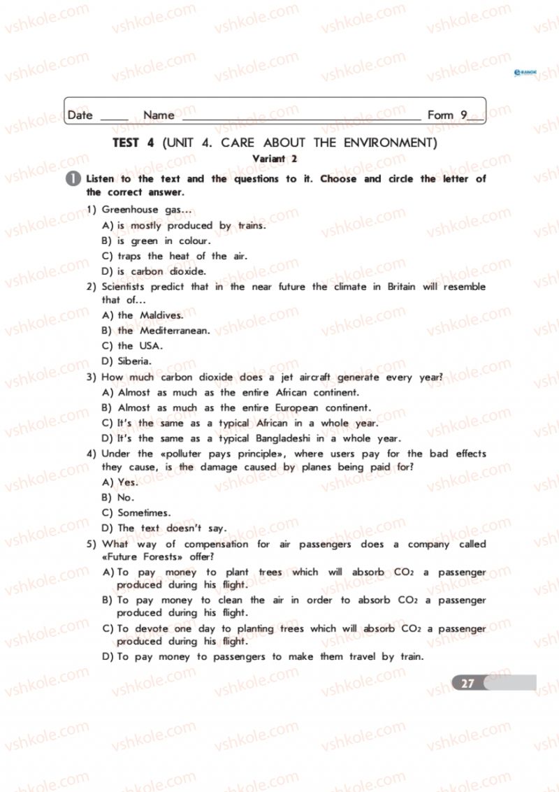Страница 27 | Підручник Англiйська мова 9 клас С.В. Мясоєдова 2011 Зошит для контролю знань