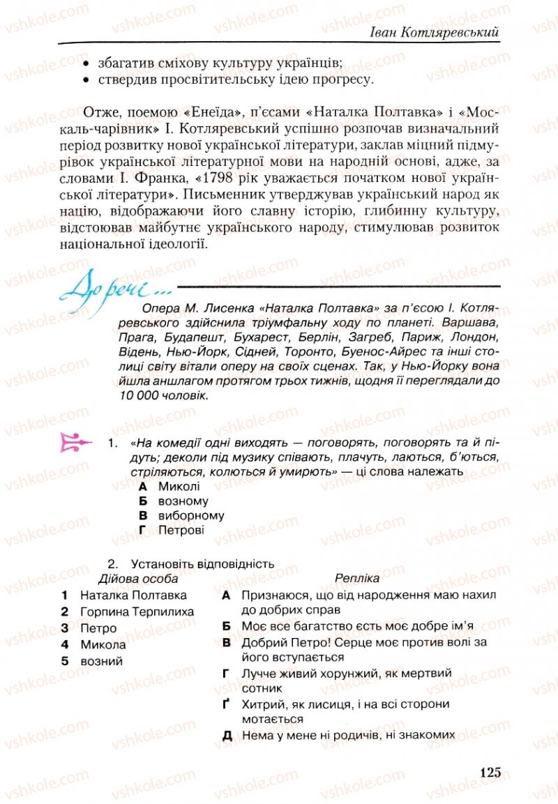 Страница 125 | Підручник Українська література 9 клас О.М. Авраменко, Г.К. Дмитренко 2009