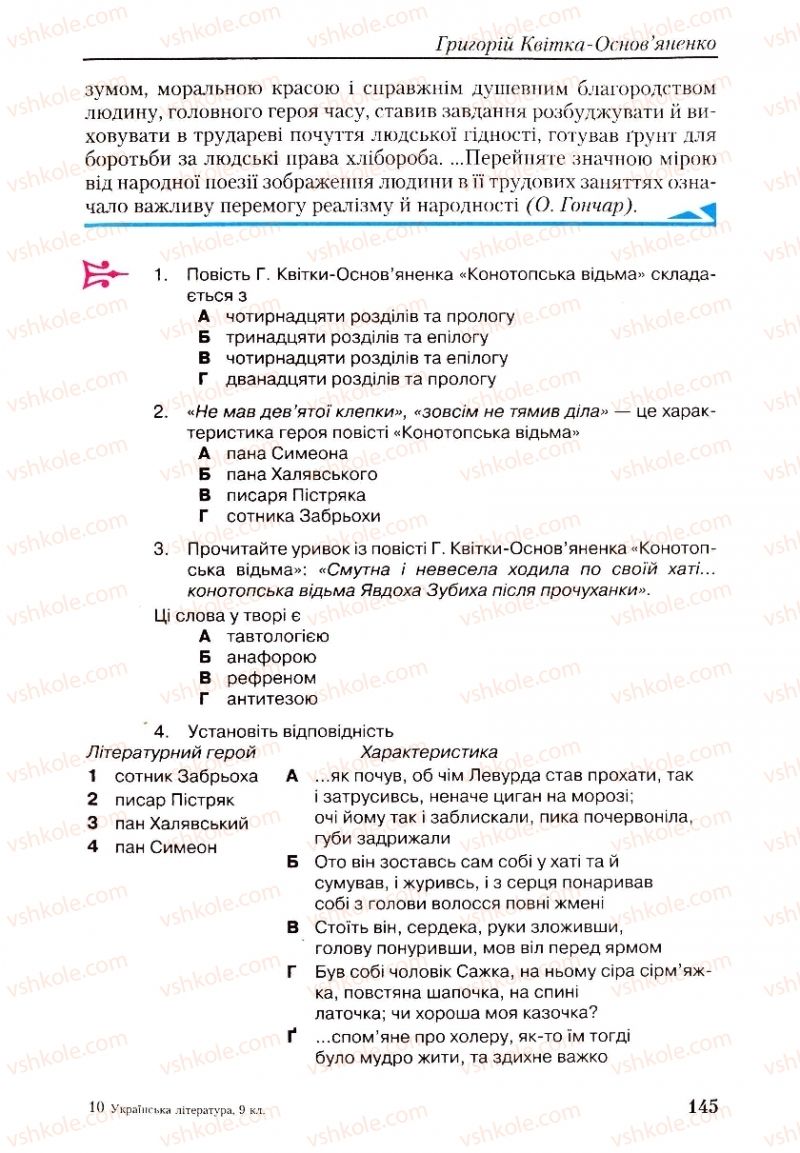 Страница 145 | Підручник Українська література 9 клас О.М. Авраменко, Г.К. Дмитренко 2009