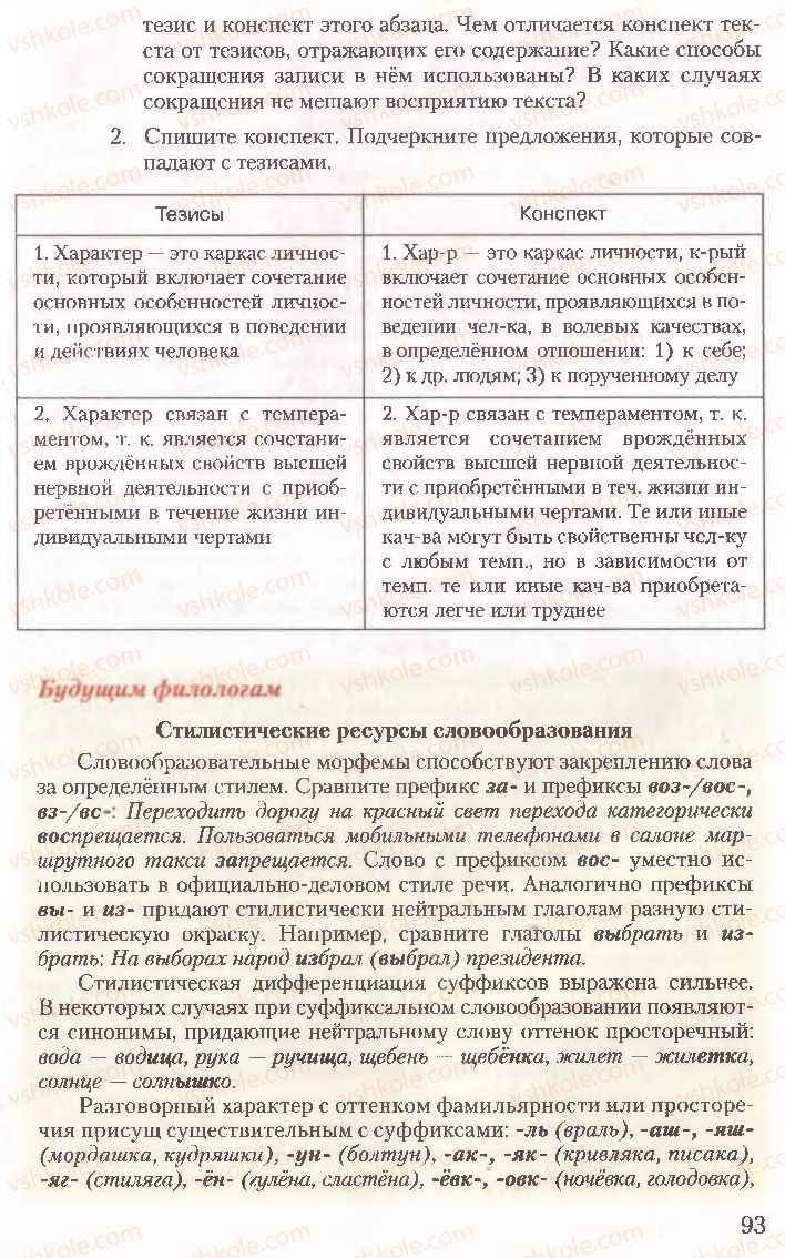 Страница 93 | Підручник Русский язык 10 клас А.Н. Рудяков, Т.Я. Фролова, Е.И. Быкова 2010