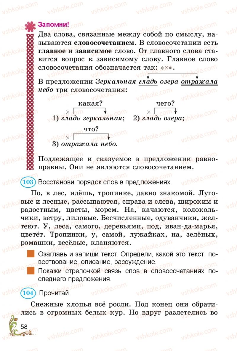 Страница 58 | Підручник Русский язык 3 клас Э.С. Сильнова, Н.Г. Каневская, В.Ф. Олейник 2014