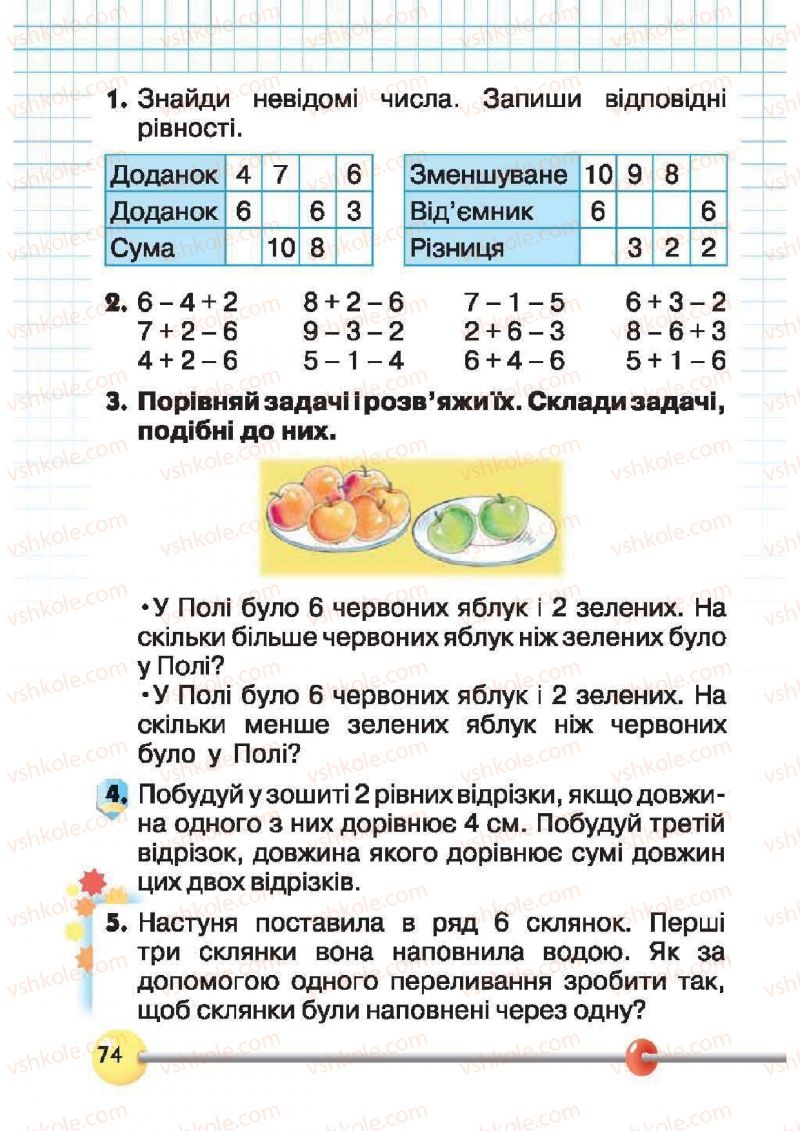 Страница 74 | Підручник Математика 1 клас Ф.М. Рівкінд, Л.В. Оляницька 2012