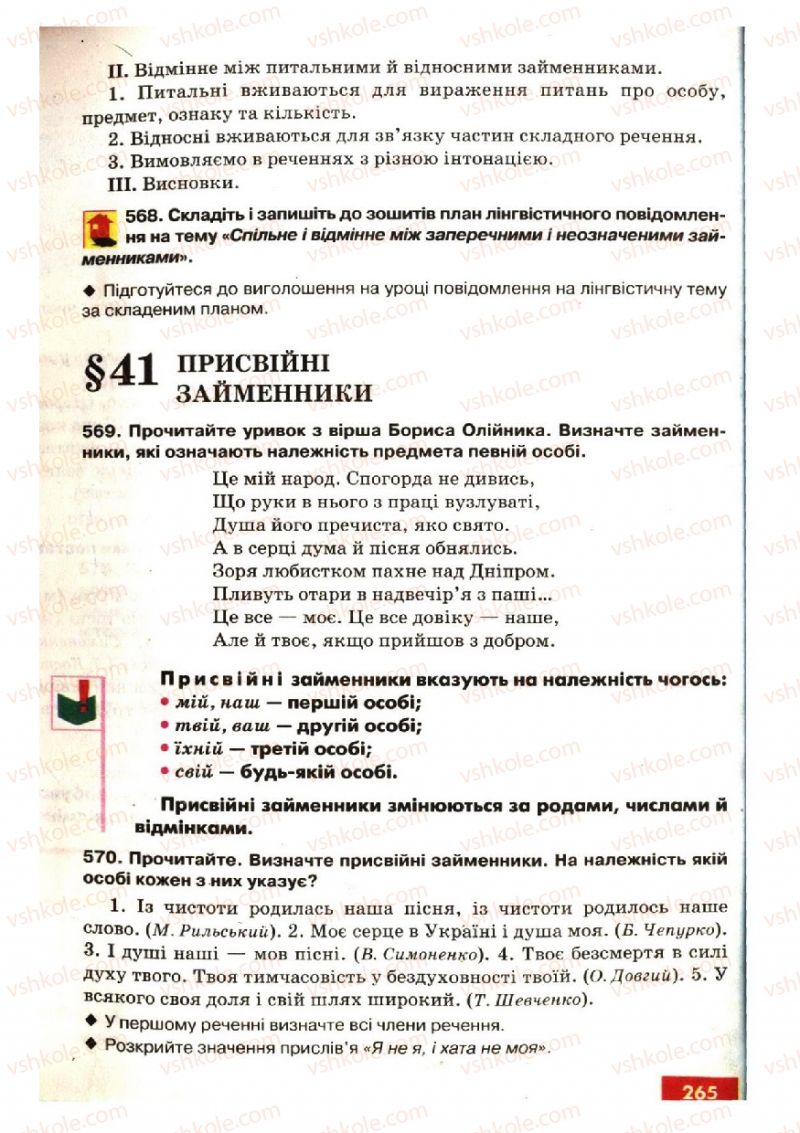 Страница 265 | Підручник Українська мова 6 клас О.П. Глазова, Ю.Б. Кузнецов 2006