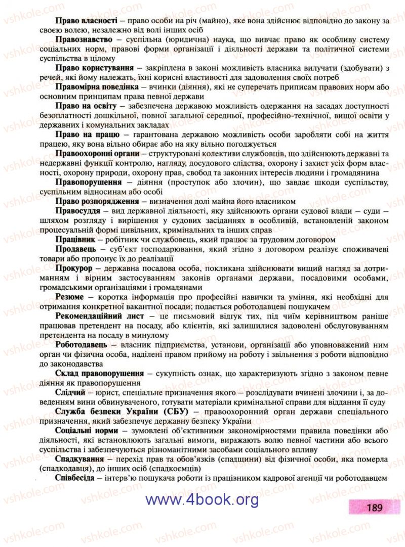 Страница 189 | Підручник Правознавство 9 клас О.I. Пометун, Т.О. Ремех 2009