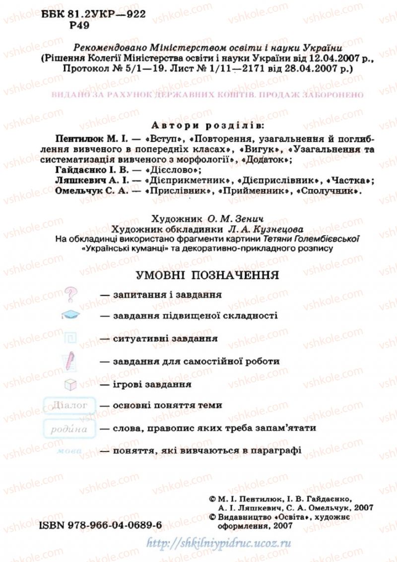 Страница 2 | Підручник Українська мова 7 клас М.І. Пентилюк, І.В. Гайдаєнко 2007