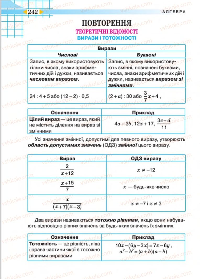 Страница 242 | Підручник Алгебра 7 клас Н.А. Тарасенкова, І.М. Богатирьова, О.М. Коломієць 2015