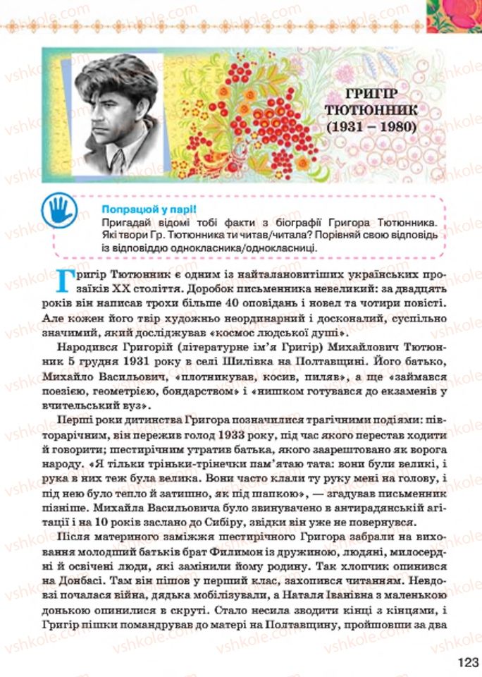 Страница 123 | Підручник Українська література 7 клас Л.Т. Коваленко 2015
