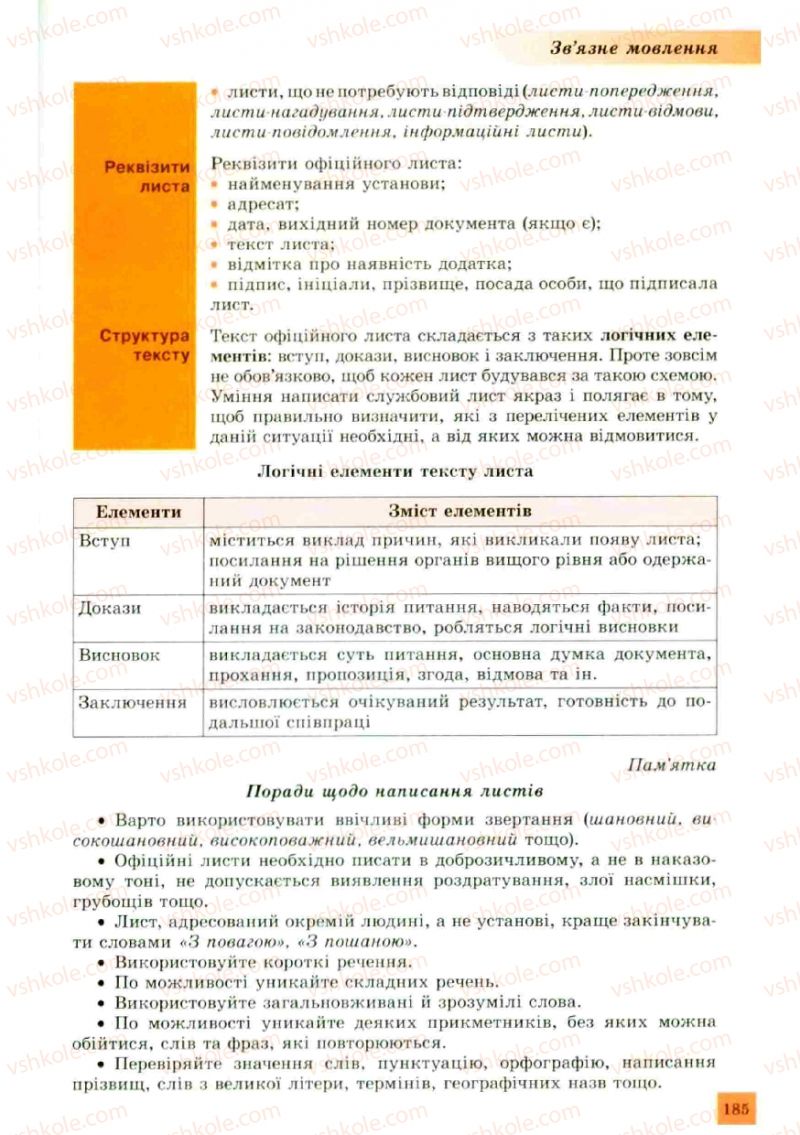 Страница 185 | Підручник Українська мова 10 клас О.В. Заболотний, В.В. Заболотний 2010