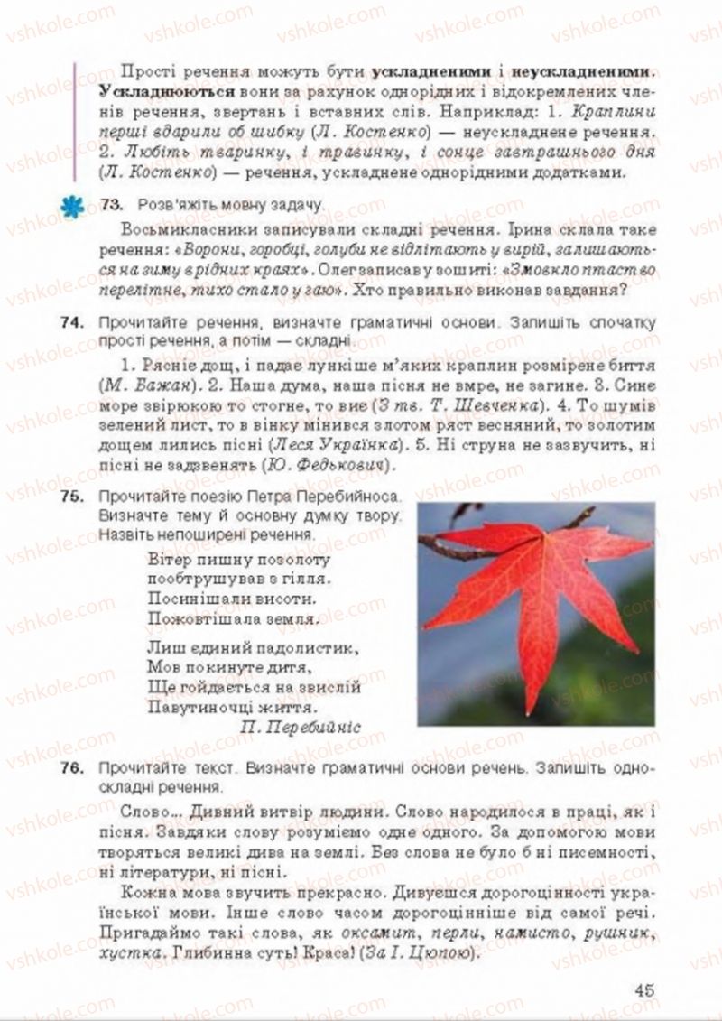 Страница 45 | Підручник Українська мова 8 клас А.А. Ворон, В.А. Солопенко 2016