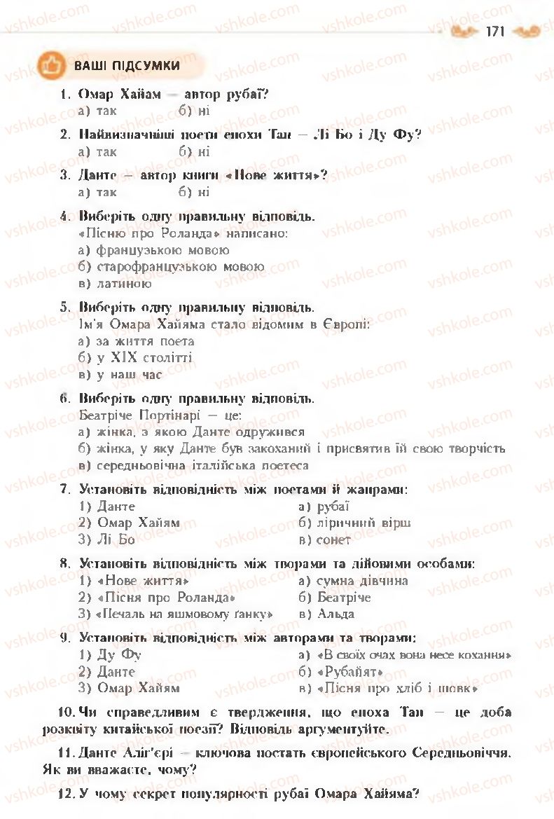 Страница 171 | Підручник Зарубіжна література 8 клас Н.М. Кадоб'янська, Л.М. Удовиченко 2016