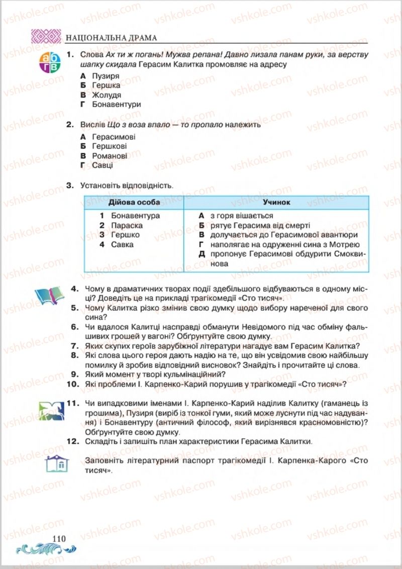 Страница 110 | Підручник Українська література 8 клас О.М. Авраменко 2016