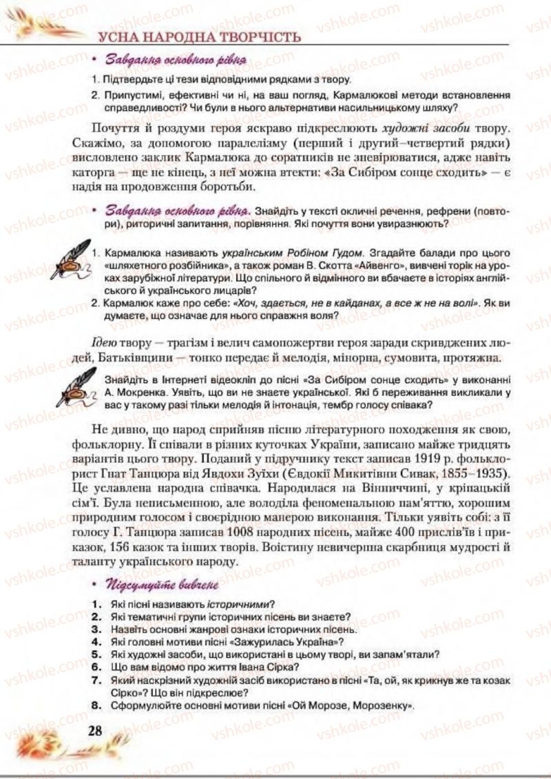 Страница 28 | Підручник Українська література 8 клас В.І. Пахаренко, Н.А. Коваль 2016