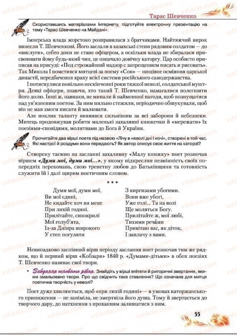 Страница 55 | Підручник Українська література 8 клас В.І. Пахаренко, Н.А. Коваль 2016