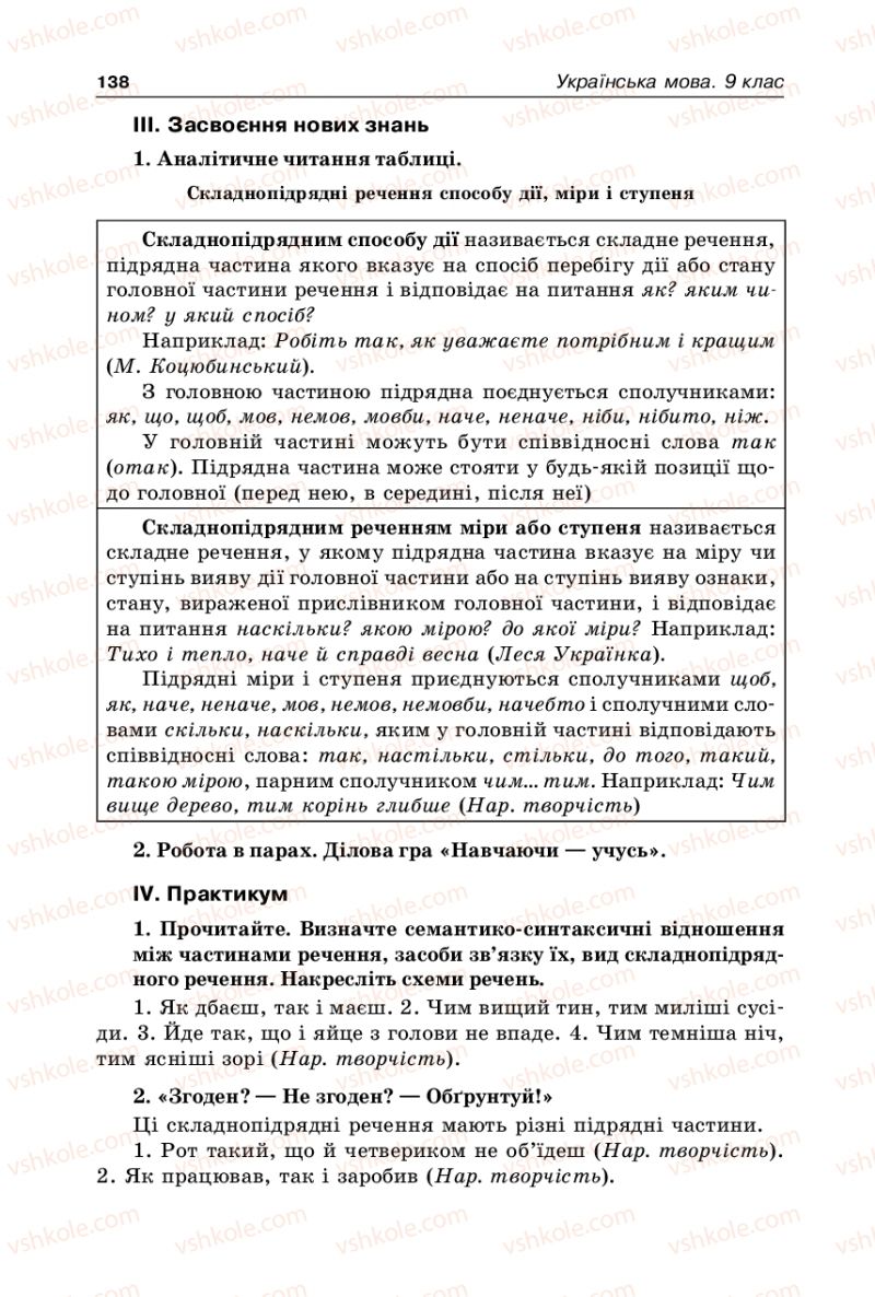 Страница 138 | Підручник Українська мова 9 клас В.І. Тихоша 2009