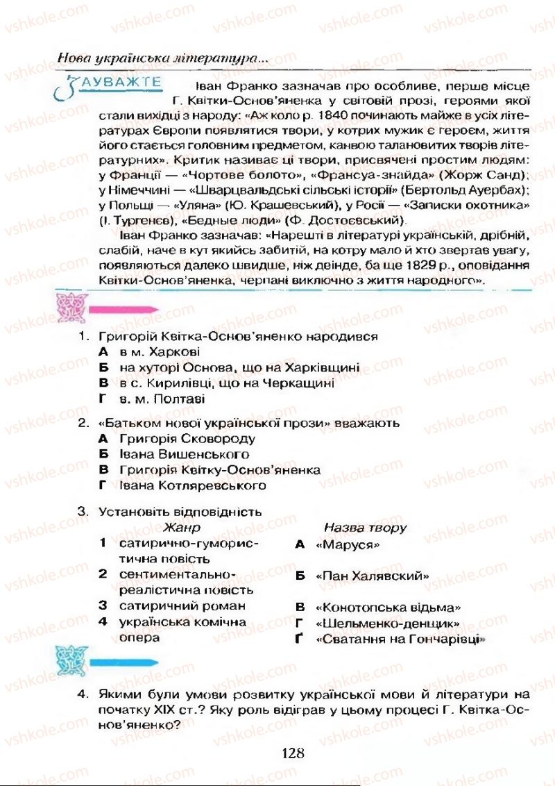 Страница 128 | Підручник Українська література 9 клас О.М. Авраменко 2009