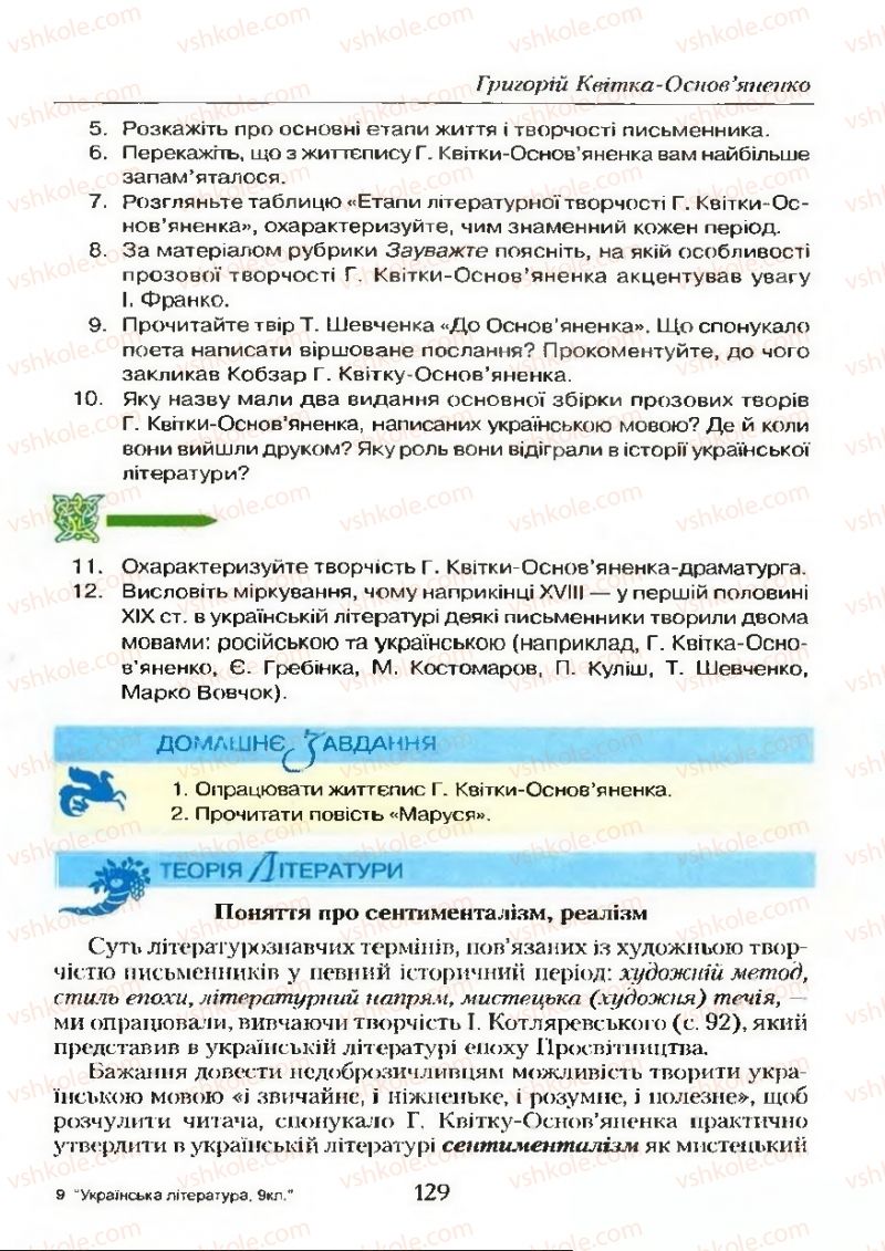 Страница 129 | Підручник Українська література 9 клас О.М. Авраменко 2009