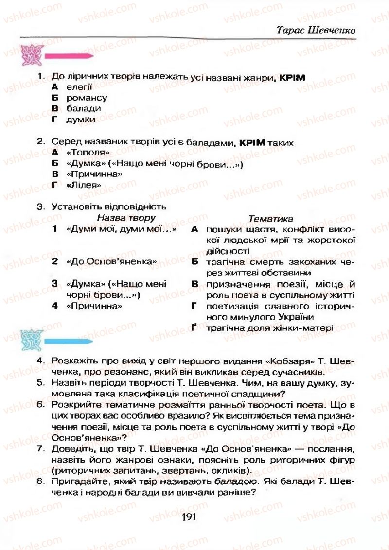 Страница 191 | Підручник Українська література 9 клас О.М. Авраменко 2009