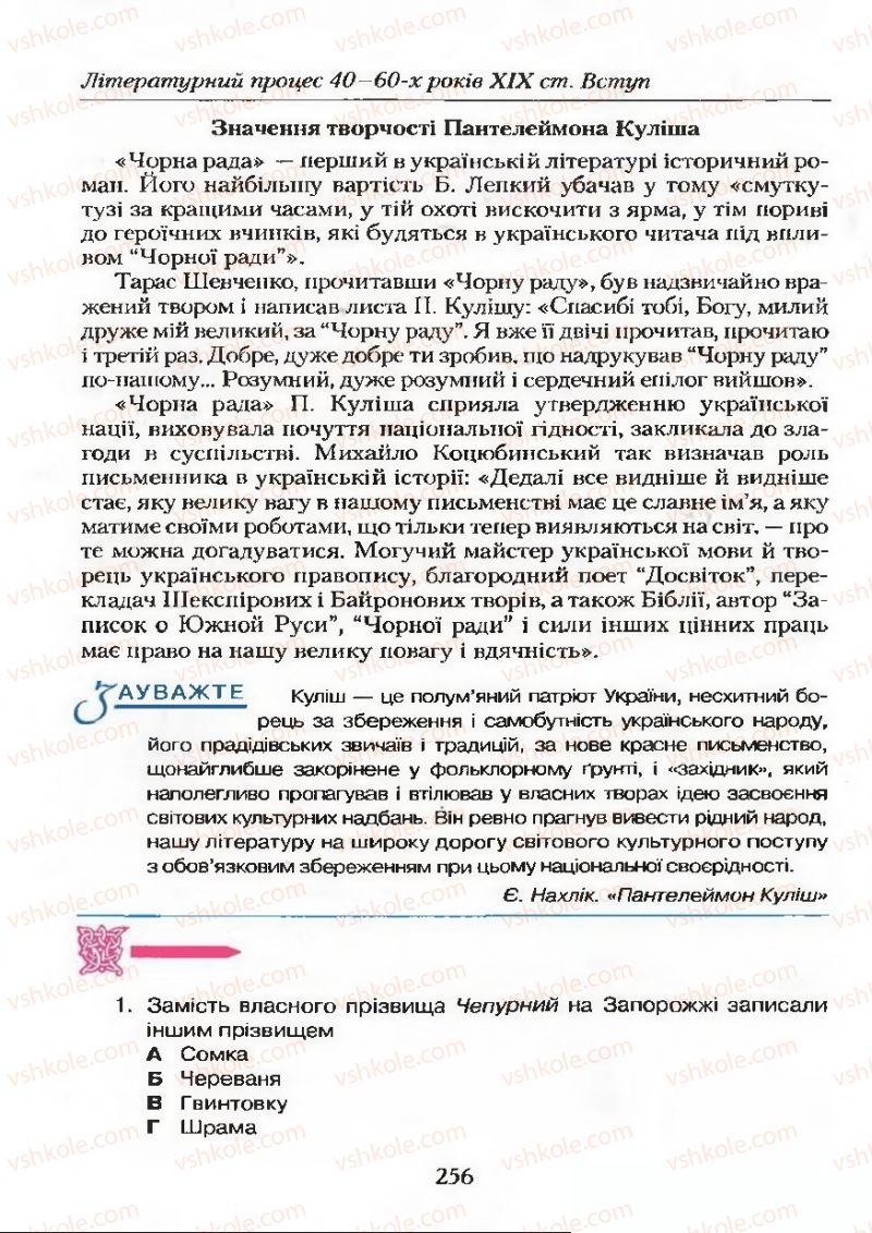 Страница 256 | Підручник Українська література 9 клас О.М. Авраменко 2009