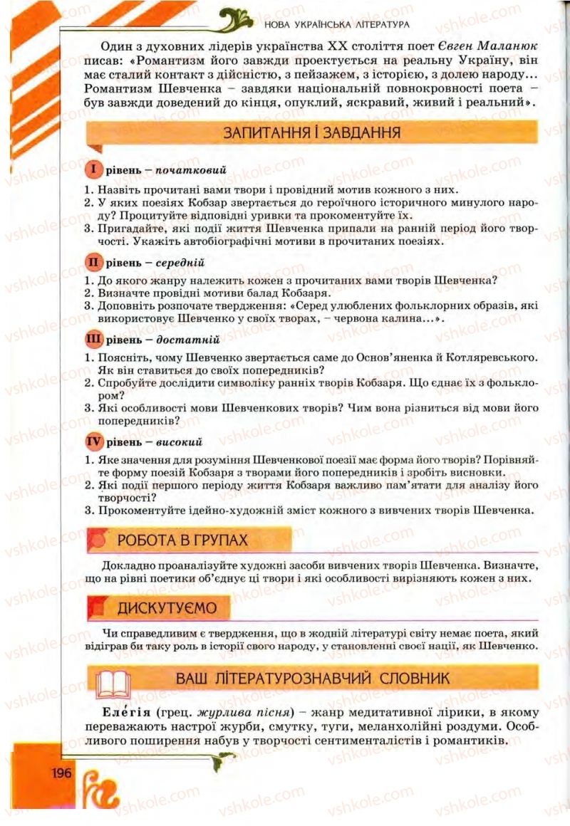 Страница 196 | Підручник Українська література 9 клас О.І. Міщенко 2009
