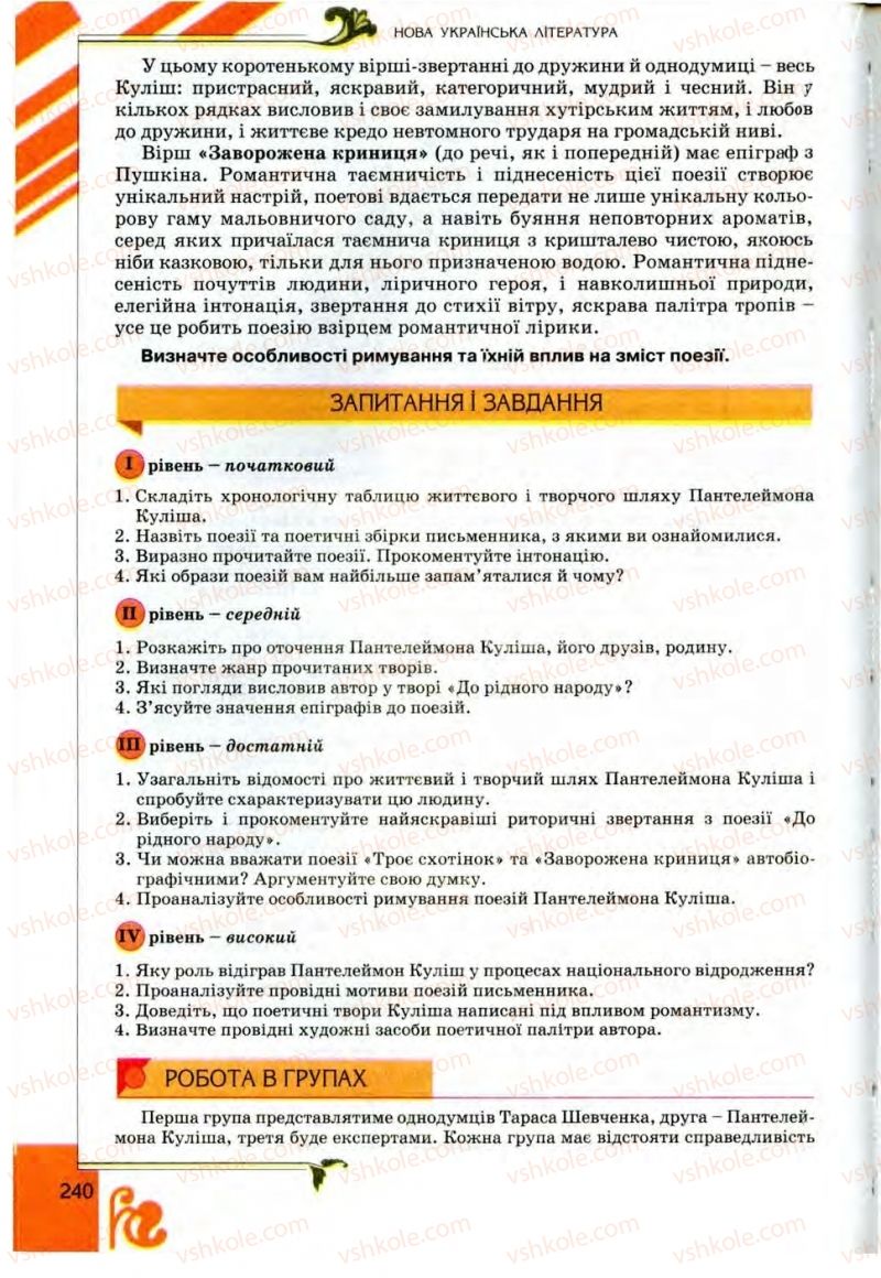 Страница 240 | Підручник Українська література 9 клас О.І. Міщенко 2009