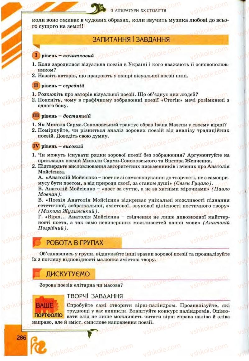 Страница 286 | Підручник Українська література 9 клас О.І. Міщенко 2009